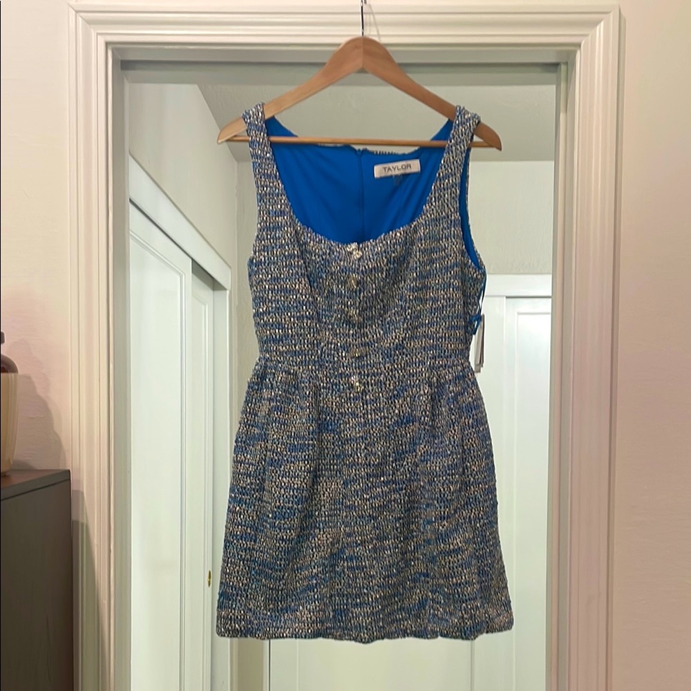 Taylor Blue and Gray Sleeveless Scoop Neck Sundress